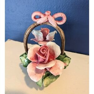 VTG Mini Italian Capodimonte Porcelain Roses Flowers Woven Basket Orig Sticker